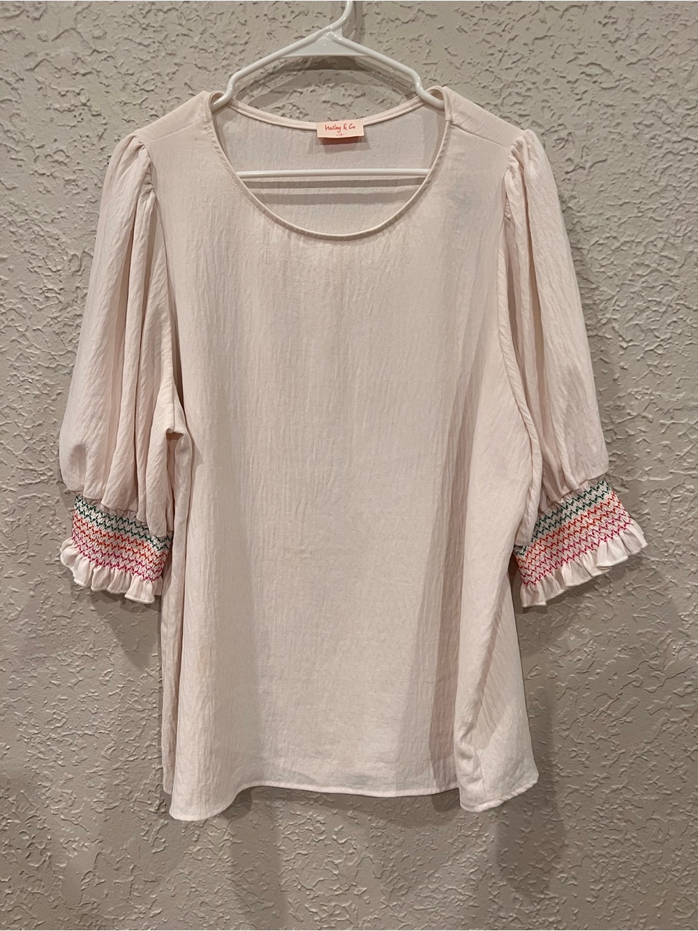 Cream Blouse with Pink & Green Smocked Cuffs